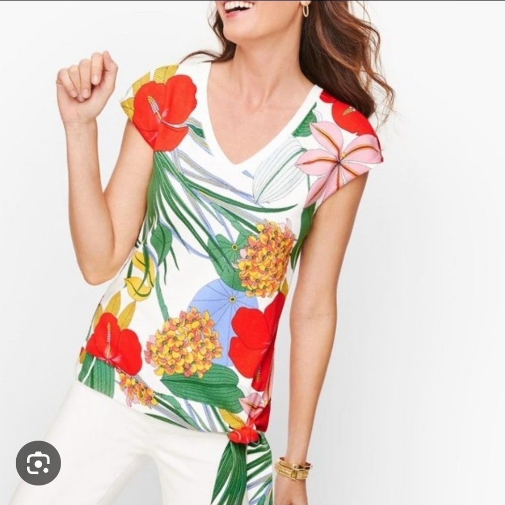❤️ NWOT! TALBOTS TROPICAL FLORAL PRINT SIDE TIE LIGHTWEIGHT SWEATER TOP, MEDIUM